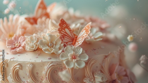 Delicate celebration cake adorned with pastel flowers and butterfly, elegant dessert presentation, festive occasion, dreamy aesthetic
