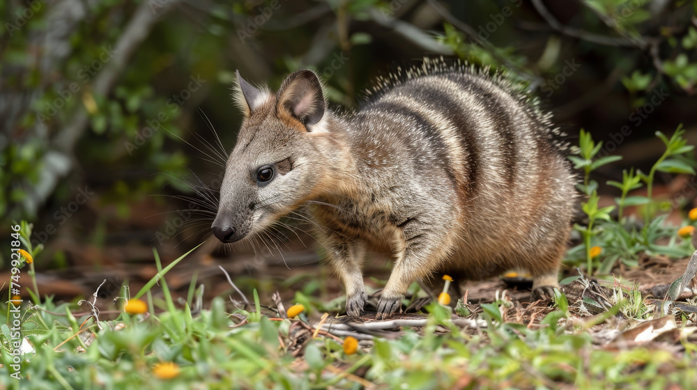 A foraging numbat with distinctive stripes sniffing around its woodland habitat. A foraging numbat with distinctive stripes sniffing around its woodland habitat.