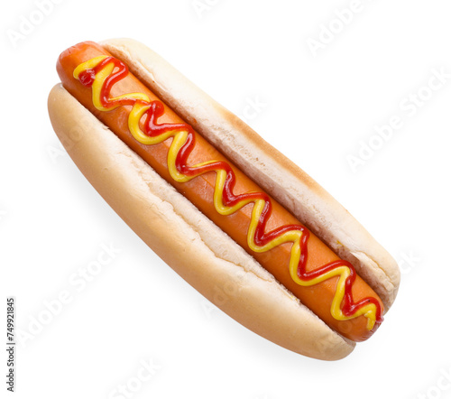Delicious hot dog with sauces isolated on white, above view