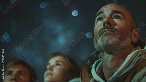 Contemplative adults and child marveling at starry night sky, experiencing wonder and the universe's vastness during a nocturnal outing 