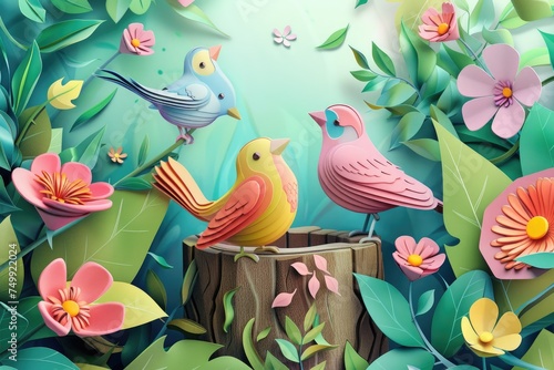 Birds on tree branches welcome spring with paper craft pattern © MrHamster