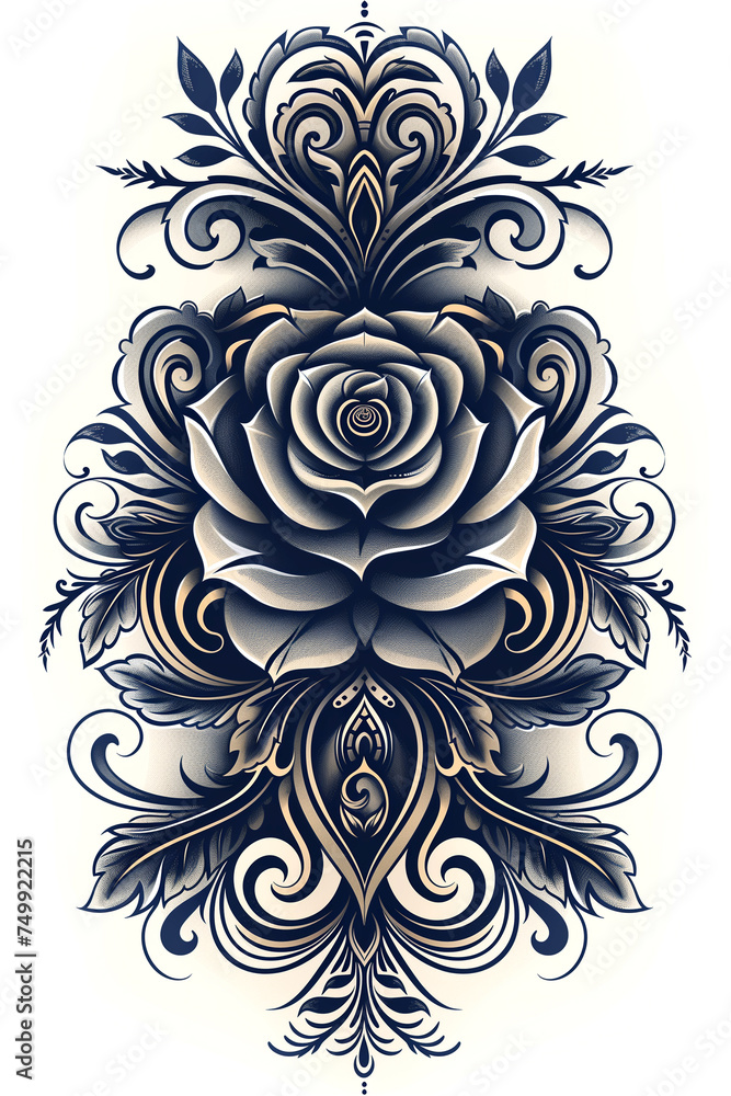 Classic style tattoo image. Rose with vintage decor elements