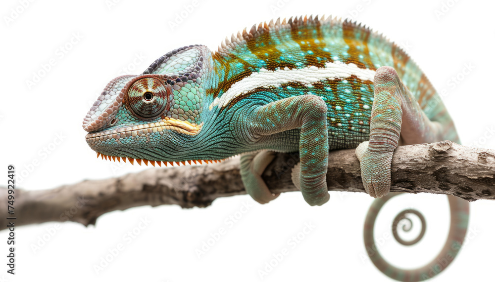 Obraz premium Colorful chameleon on a branch, isolated on white, wildlife and camouflage concept with copy space