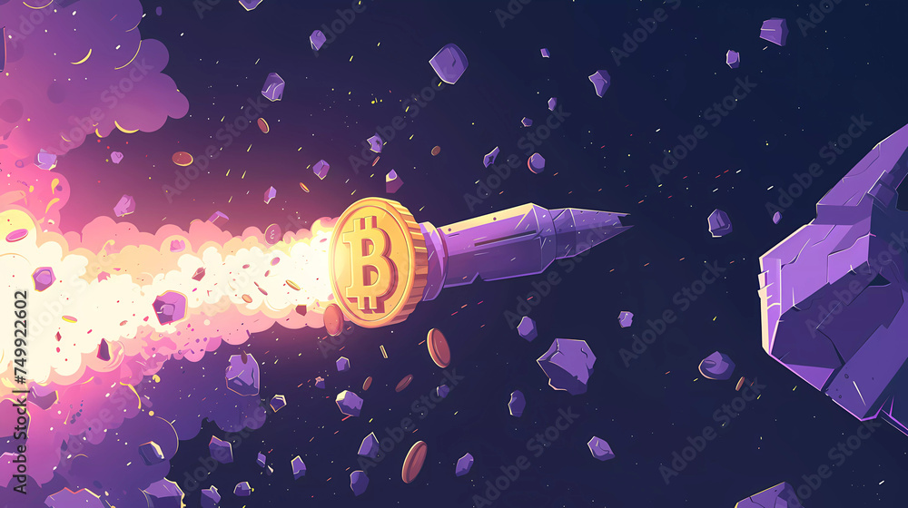 Bitcoins with rocket fly bullish bitcoin market concept .vector illustration. Bitcoins with rocket fly bullish bitcoin market concept .vector illustration.