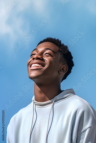 a smiling young african american looking into the sky