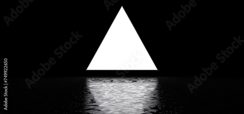 A glowing pyramid in a dark space. A glowing triangular portal hangs in a dark room. 3D render.