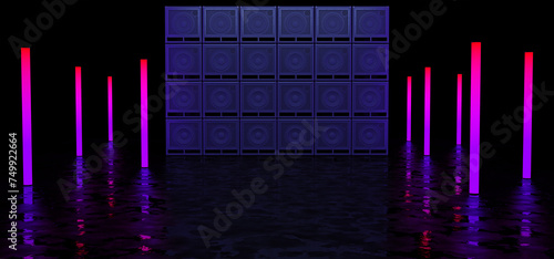 Guitar amplifiers surrounded by vertical LED lights. A wall of guitar amplifiers. 3D Render.