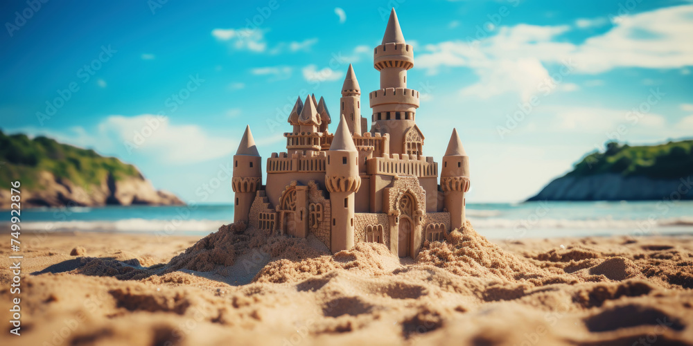 Grand intricate sandcastle on the beach during a summer day. Generative AI Grand intricate sandcastle on the beach during a summer day. Generative AI