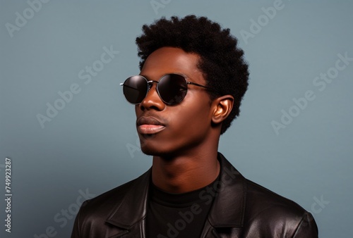 a black man wearing sunglasses on a gray background