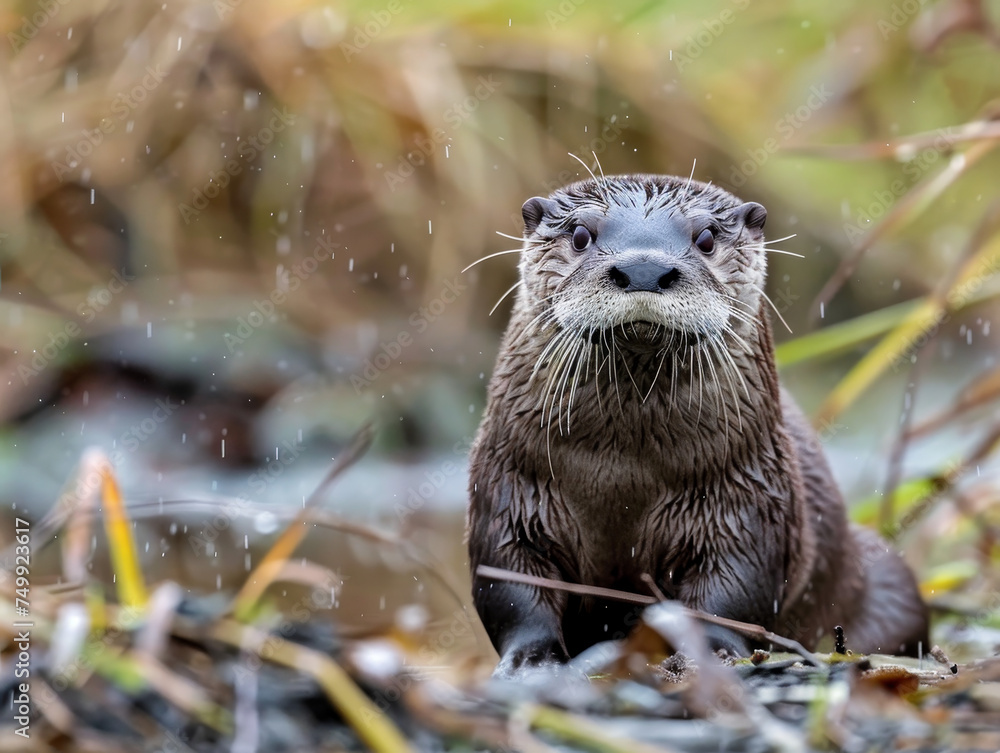 An otter rests on a mossy rock by the river, surrounded by autumn reeds. An otter rests on a mossy rock by the river, surrounded by autumn reeds.