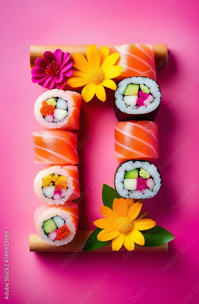 Sushi and rolls on a pink background with flowers for March 8