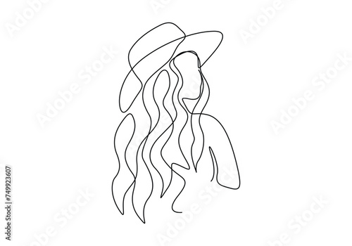 Continuous one line drawing of woman face with hat. Vector illustration. Free vector