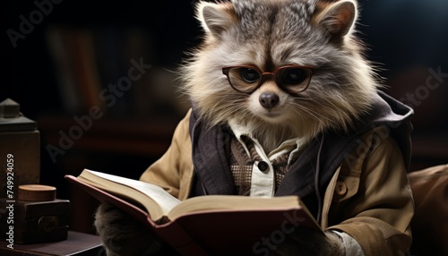 Raccoon student reading a book