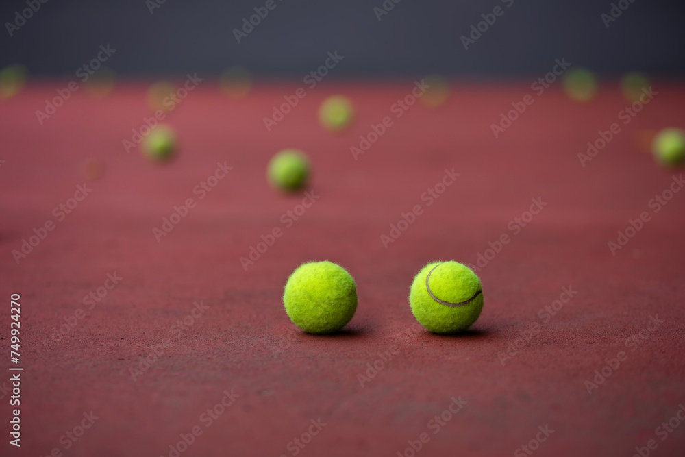 Yellow tennis ball on red court. Fluffy felt tennis ball closeup photo. Summer outdoor sport concept.