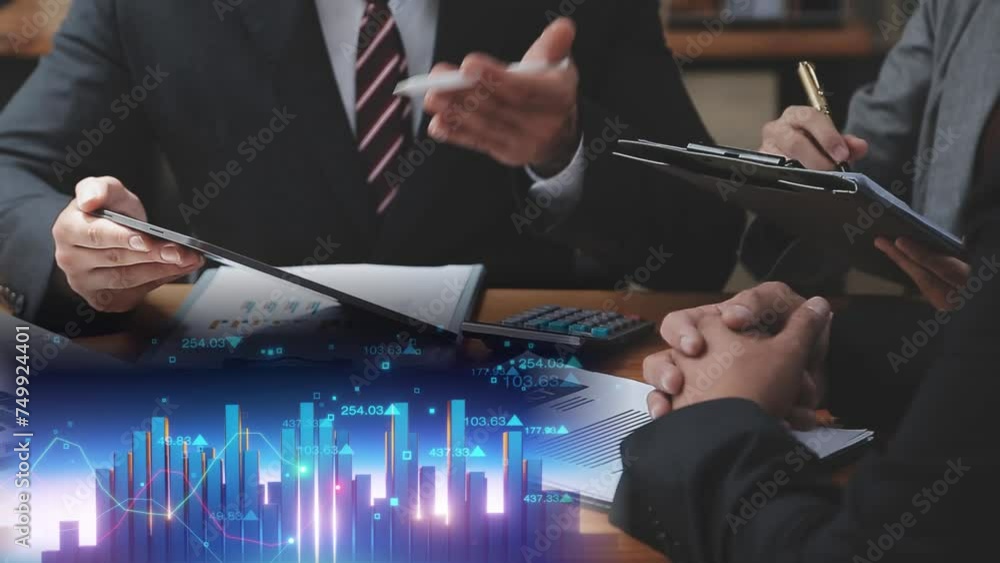 Grupo de empresarios ejecutivos explicando a su cliente su propuesta de negocio. El cliente escucha atentamente. Exponen las posibles ganancias si firma el contrato. Gráfico de barras en movimiento.