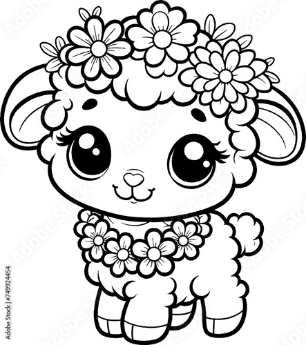 Mouton de pâques à colorier, avec collier de fleurs, joli dessin idéal pour livre coloriage enfant pendant les vacances. Dessin au trait. 