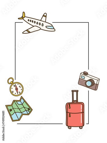 Frame with travel decoration elements, plane, baggage, compass, globe, pasport