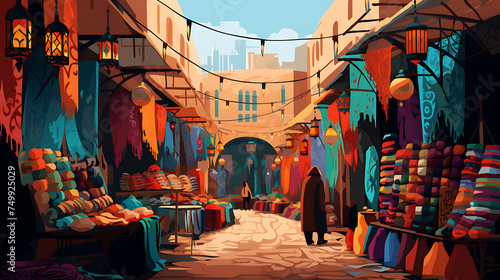A vector image of a Moroccan bazaar with colorful textiles. © Tayyab