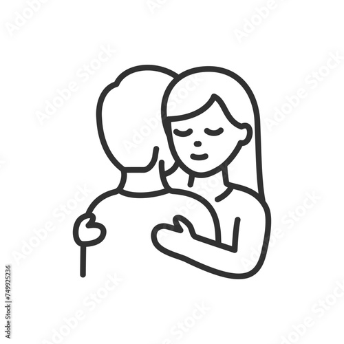 Emotional support, linear icon. People hugging each other. Warmth, support and understanding of another person. Line with editable stroke
