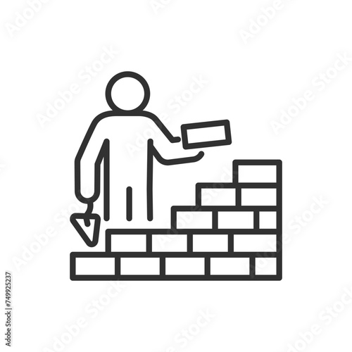 The laying of bricks, linear icon. Standing structure made of bricks. Person worker with a trowel laying bricks. Line with editable stroke