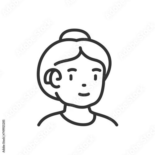 Old woman with hearing aid, linear icon, hearing impairment in old age. An old woman with hearing problems. Line with editable stroke
