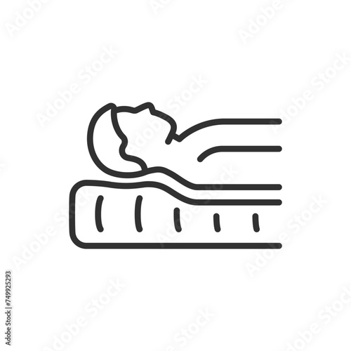 Orthopedic mattress, linear icon. The mattress flexes to the shape of the person. Line with editable stroke