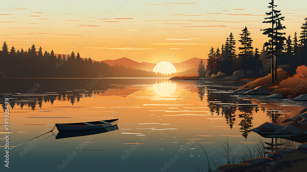 A vector image of a peaceful lakeside scene.