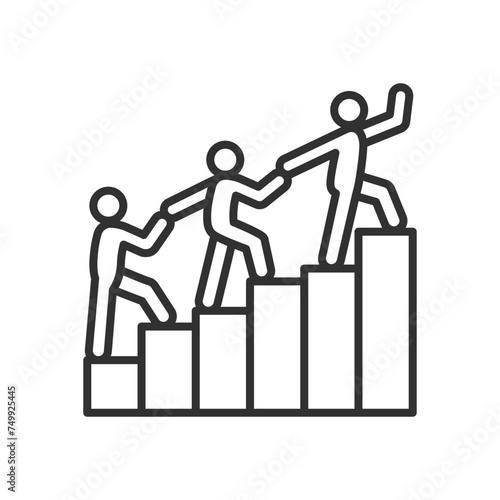 Cooperation in climbing, linear icon. People hold hands and walk up the columns of the chart. Line with editable stroke