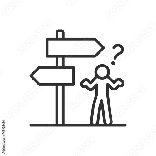 Directional choice, linear icon. A man stands in front of a directional signpost and wonders, spreads hands. Doesn't know where to go. Line with editable stroke