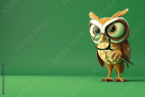 Curious Owl with Magnifying Glass on Green Background..