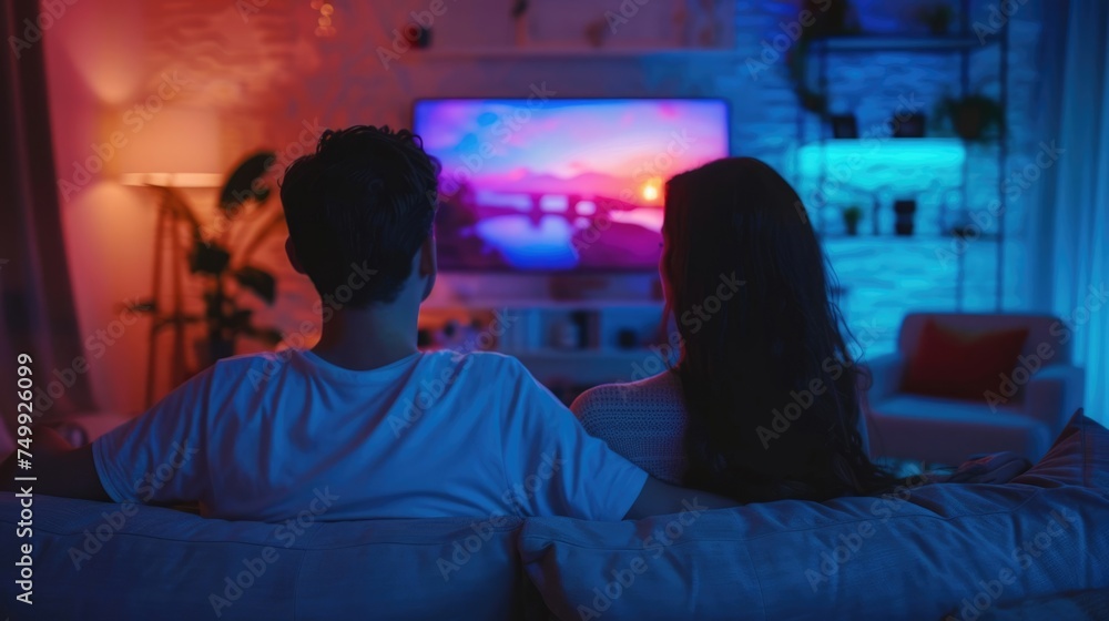 Romantic couple watch tv together at home Modern television. Cozy living room interior background. Happy people enjoy interesting movie back view. Online cinema concept. Fun evening leisure Neon light