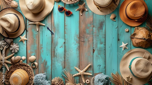 Top view of Beach accessories like hats, sunglasses, and beach bags arranged on a wooden boardwalk with copy space on left side