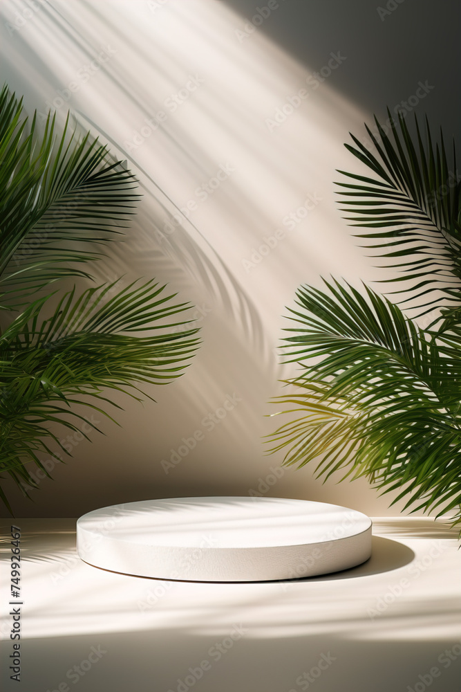 Empty white podium mockup for product display. Background with palm leaves shadow, cosmetic or luxury product display mock.