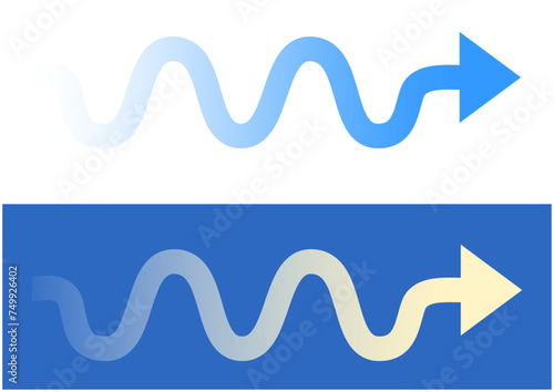 Set of blue and cream colored wavy arrows. Color gradually fades from the tip to the end of the arrow.