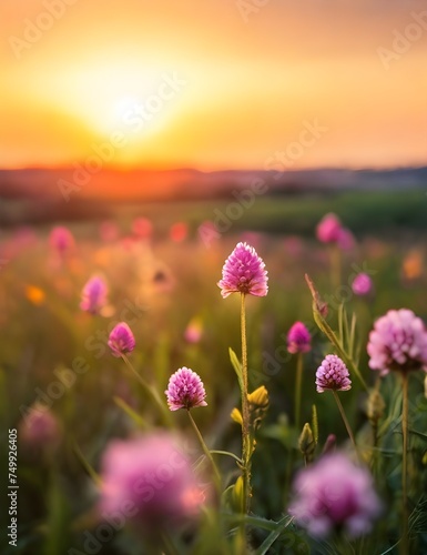 Beautiful wildflowers spring colors. Nature backdrop. Beautiful Meadow with wild flowers over sunset sky. Beauty nature field background with sun flare. Easter nature backdrop. Generative AI © Jaon