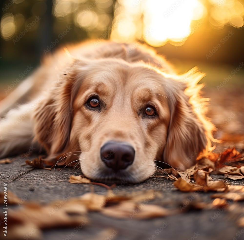 A dog portrait, lying down on the ground, soft-focus.