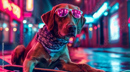 A dog as a loyal 80s skateboarder bandana tied around the head cruising down neonlit streets photo