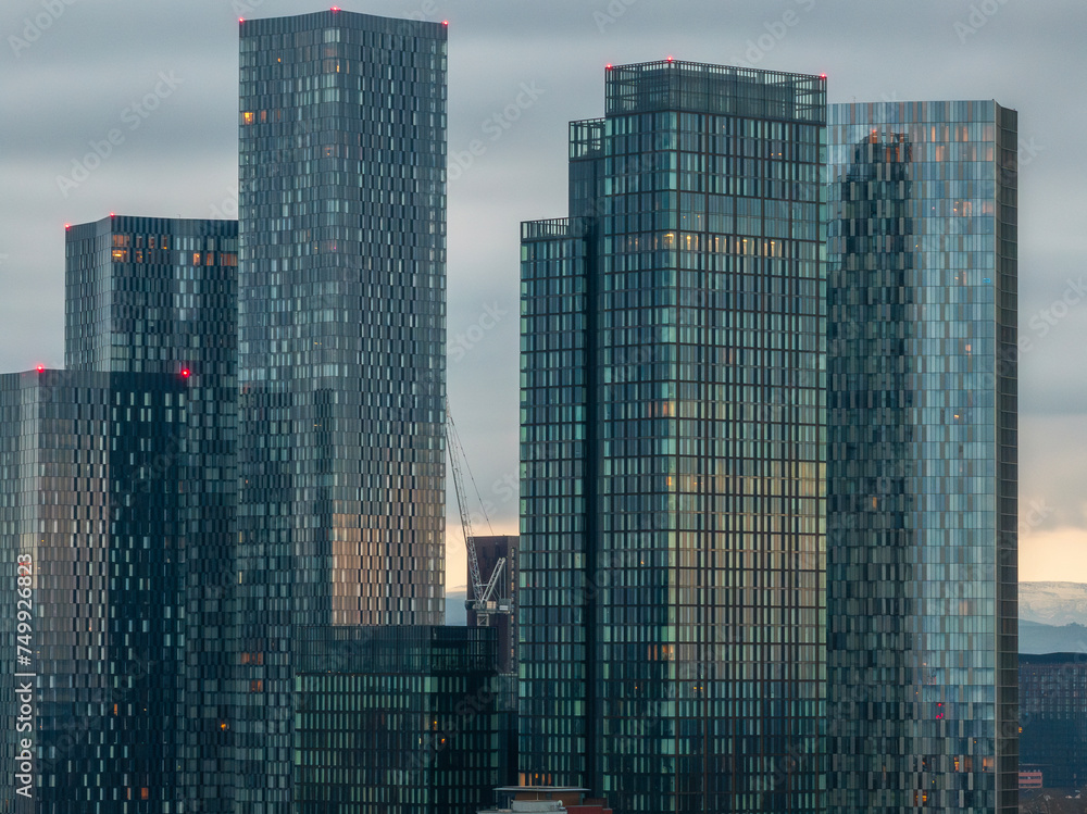 Obraz premium Aerial drone shot across Manchester shot from the west looking east at Deansgate Square, Manchester, UK