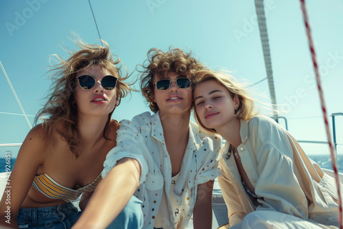 Friends group enjoying a cruise vacation on sunny day. © An