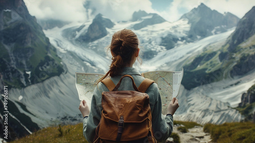 Hiking girl holding a map, standing still and looking at the mountain from valley with backpack, finding the path to climb, view from behind photo