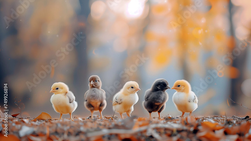 Autumn forest,Several baby chicks of different colors stand in a row