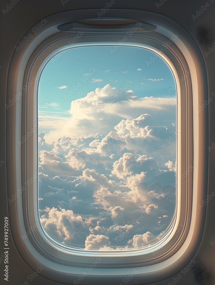 Airplane window showing clouds in the middle of an airplane trip Airplane window showing clouds in the middle of an airplane trip