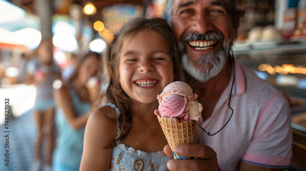 Mulatto family enjoying an ice cream in summertime