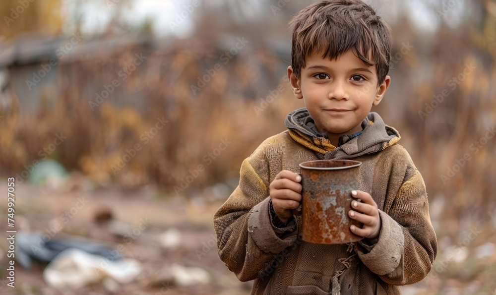 Child holds a metal mug of water. The concept of water scarcity generated AI Child holds a metal mug of water. The concept of water scarcity generated AI