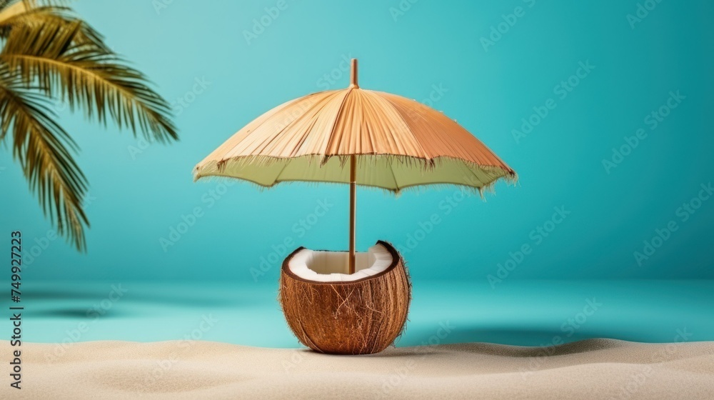 Tropical beach concept made of coconut fruit and sun umbrella and sea maldive. Creative minimal summer idea. 