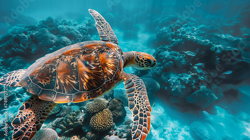 Sea turtle swimming near the surface of clear ocean waters.