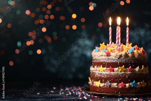 Delicate birthday cake with candles on a blurred dark gray background. Concept for celebrating children's holidays. Empty space for text.