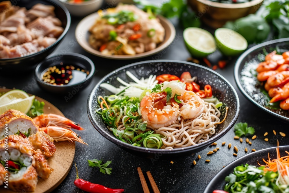Asian cuisine with shrimps on a dark background in a restaurant
