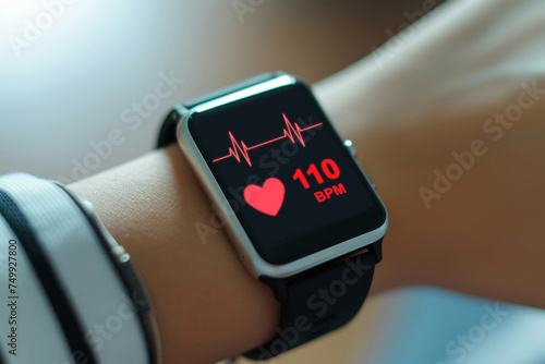 A modern smartwatch on a wooden surface shows a heart rate monitor feature with a vivid display of the current beats per minute. photo