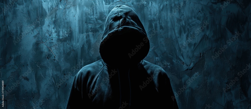 A mysterious hacker man in the hoodie in front of dark concrete background. Generated AI - obrazy, fototapety, plakaty 